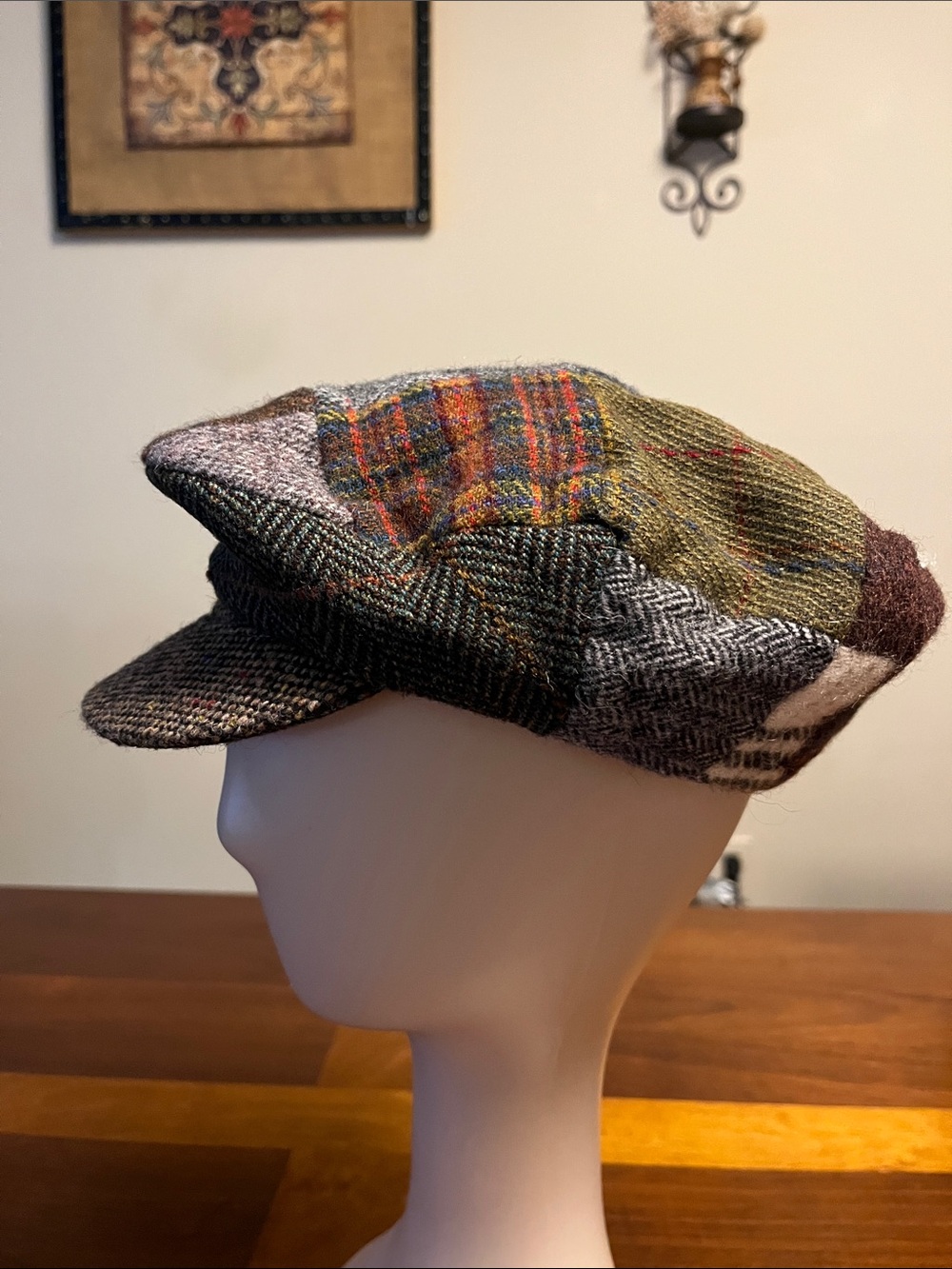 Hanna Hats Patchwork Tweed Newsboy Cap in Green, Brown, Gray, Cream, small size